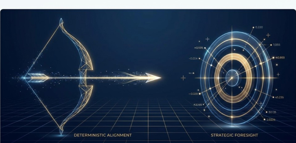 Arco e flecha de precisão apontando para o alvo cibernético — Deterministic Alignment e Strategic Foresight